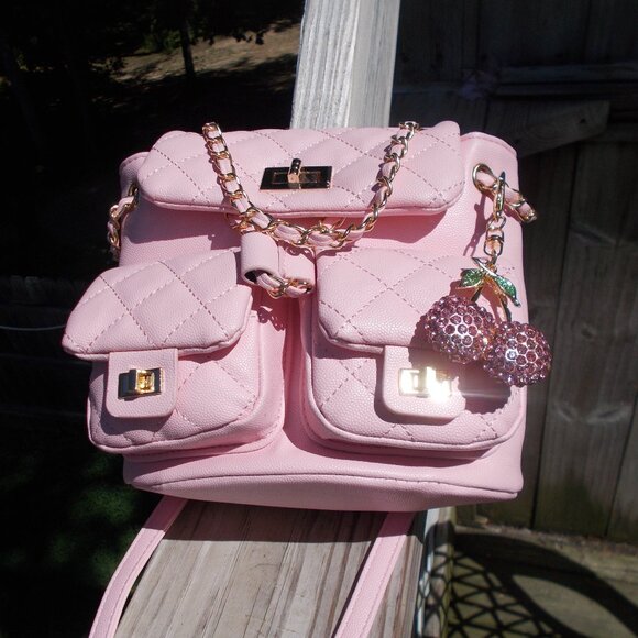 Pink Quilted Mini Backpack With Cherry charm - Picture 2 of 5